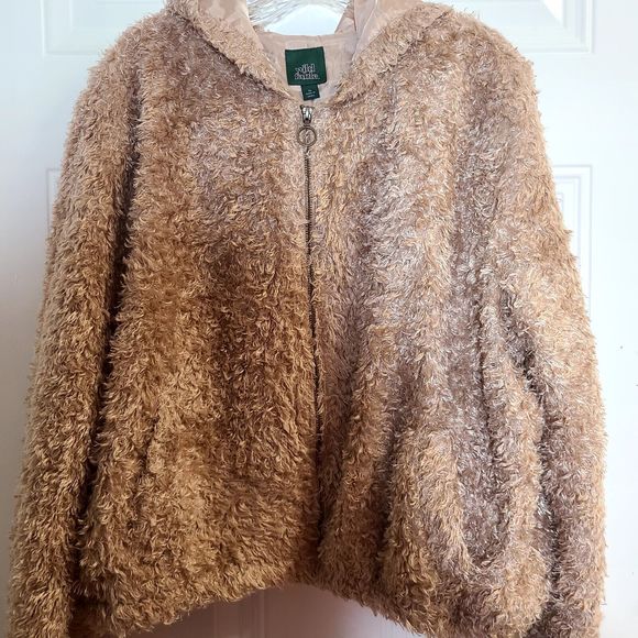 Wild Fable Jacket Teddy Bear Size XL Caramel Bomber Hooded Lined Pockets Zipper - Picture 4 of 12